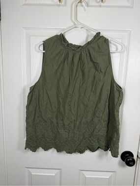LOFT Olive Green Eyelet Ruffle Neck Tank